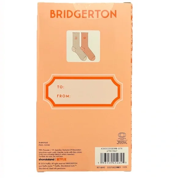 Bridgerton Set of 2 Crew Socks, Giftable Box, Women Size 4-10 Coral & Cream, New - Picture 2 of 3